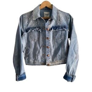 Takara Pearl‎ Embellished Flirty Ruffle Crop Jean Jacket Sz S